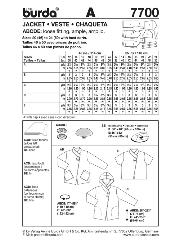 Burda 7700 Jacket Sewing Pattern