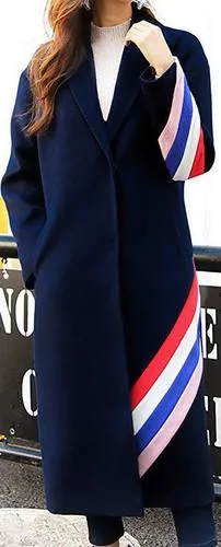 Color-Contrast Striped Wool-Blend Coat