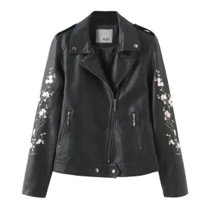 Floral Embroidered Leather Moto Jacket
