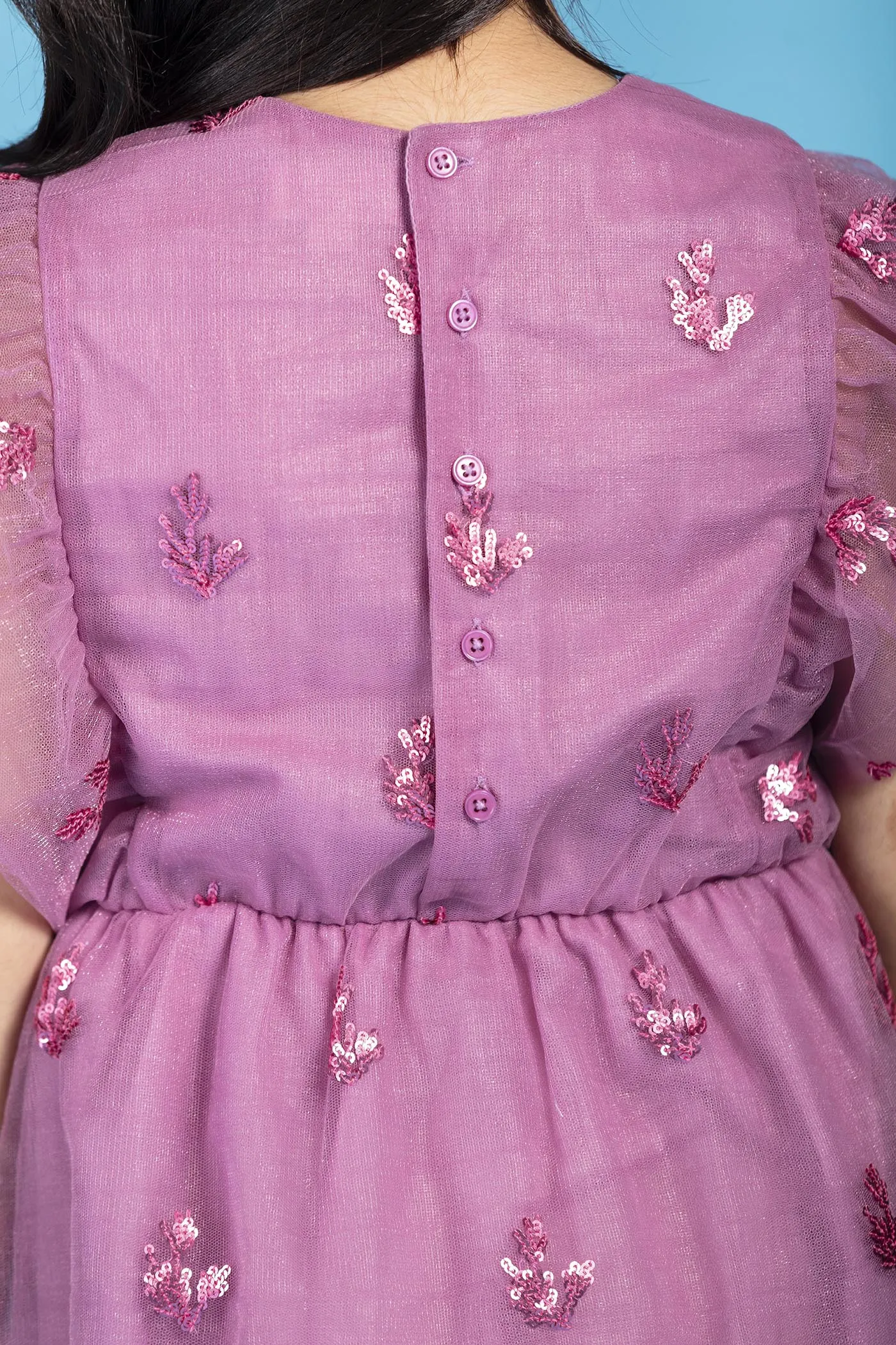 Monica Stylish Sequins Embroidered Sparkle Net Girls Dress - Seahorse