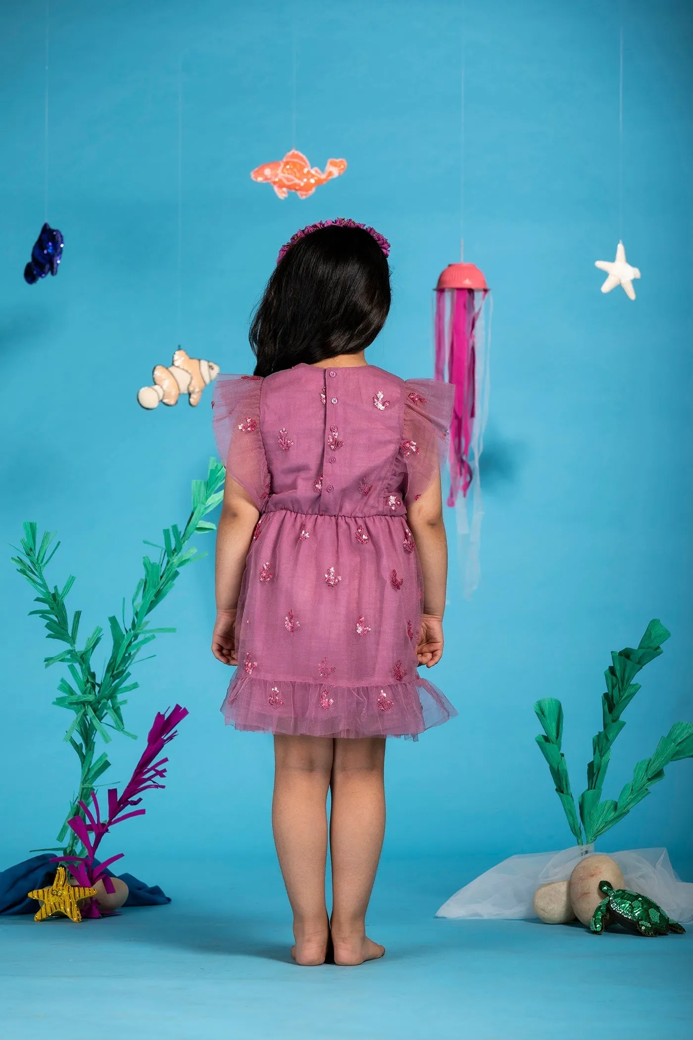 Monica Stylish Sequins Embroidered Sparkle Net Girls Dress - Seahorse