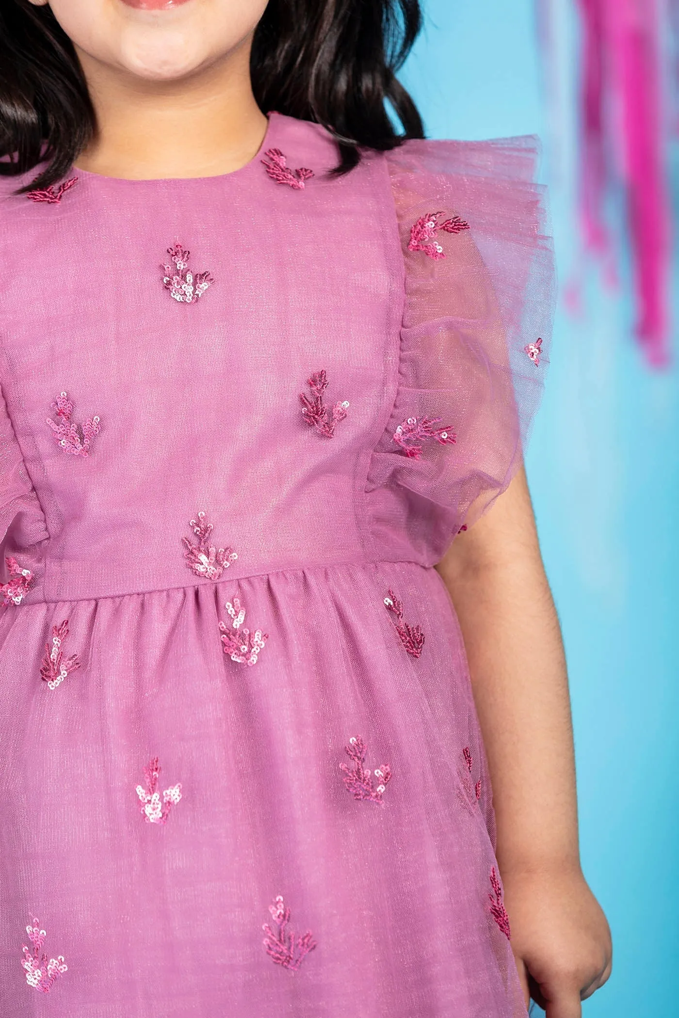 Monica Stylish Sequins Embroidered Sparkle Net Girls Dress - Seahorse
