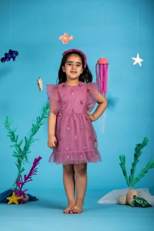 Monica Stylish Sequins Embroidered Sparkle Net Girls Dress - Seahorse