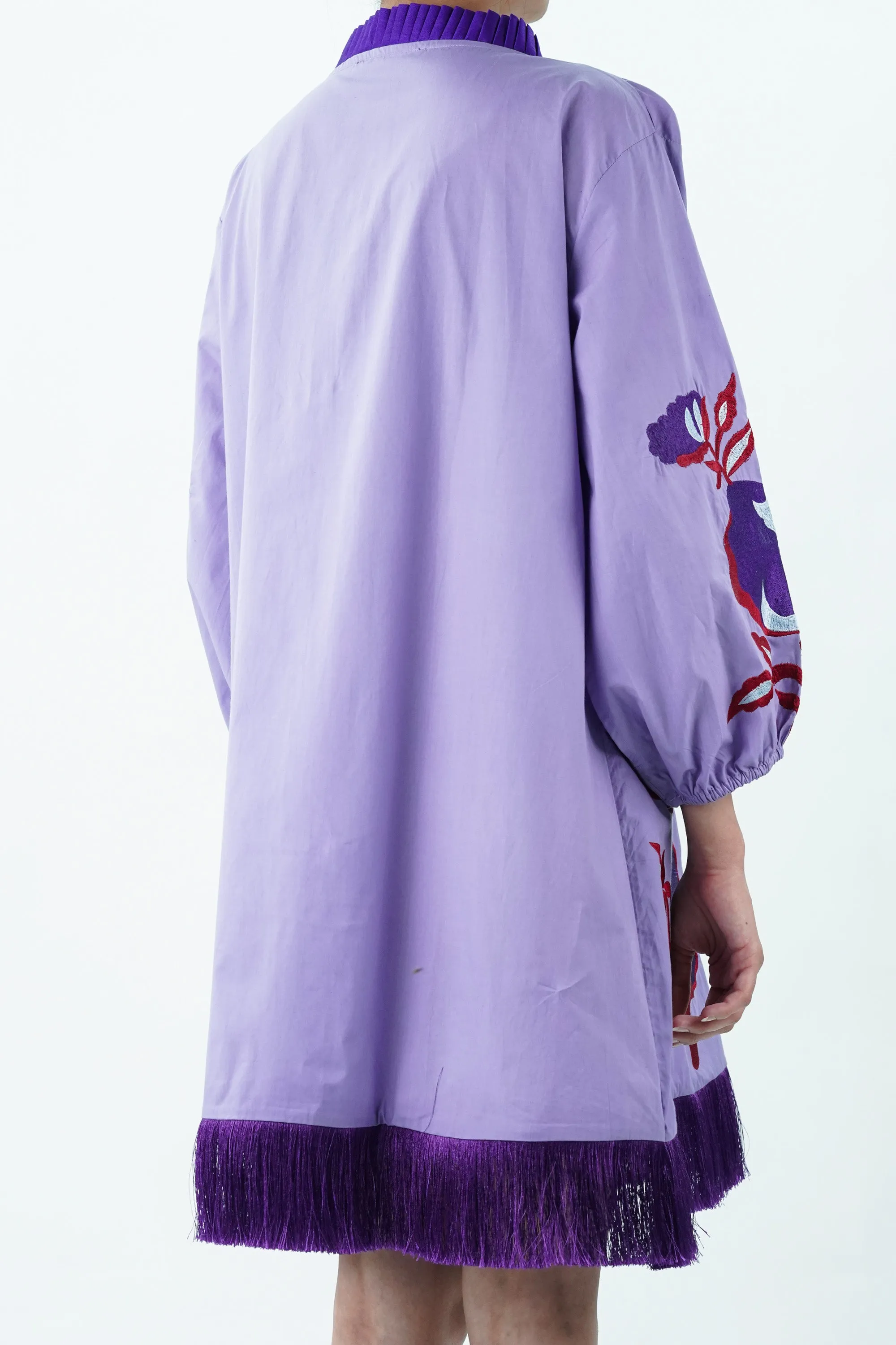 Purple Pleated Collar Embroidered Cotton Dress