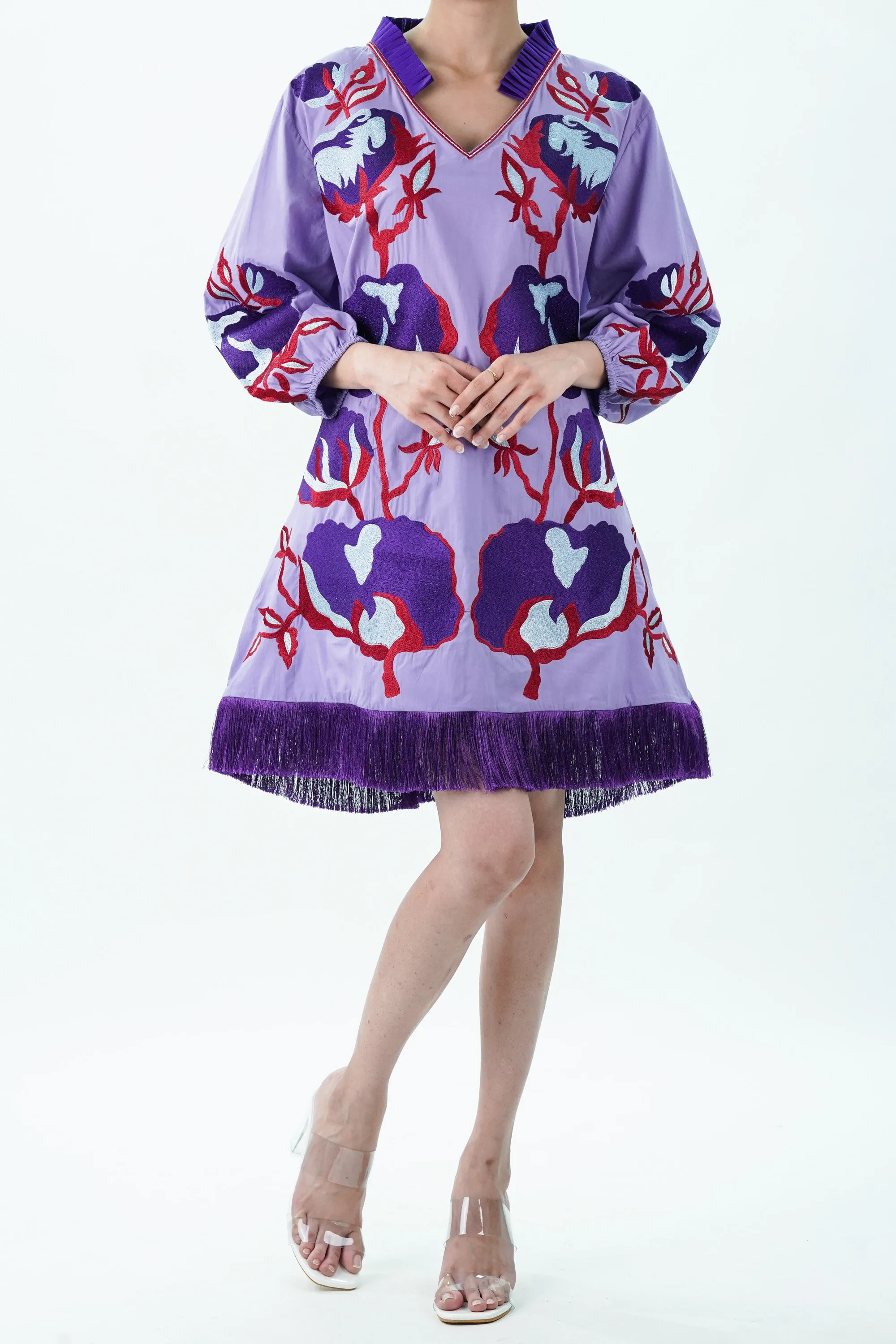 Purple Pleated Collar Embroidered Cotton Dress