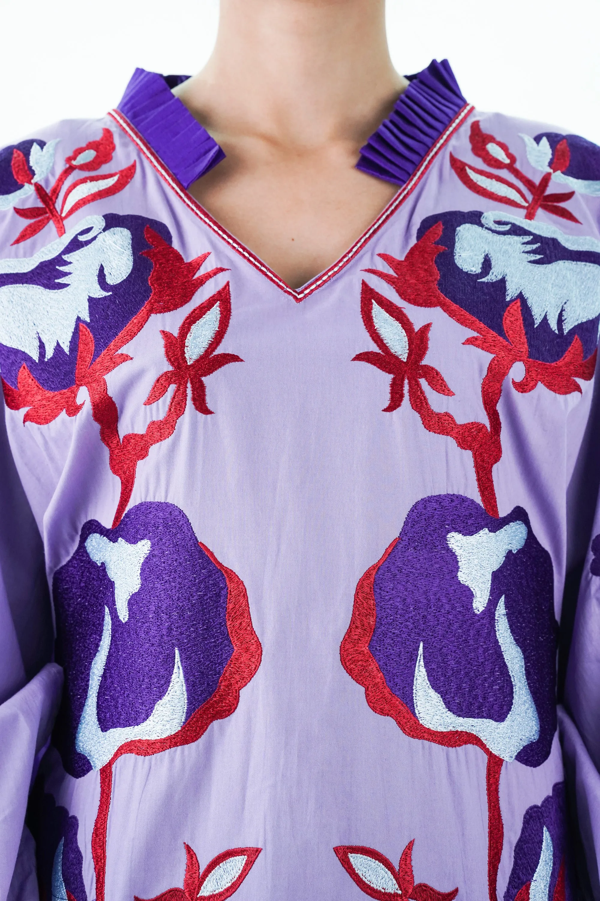 Purple Pleated Collar Embroidered Cotton Dress