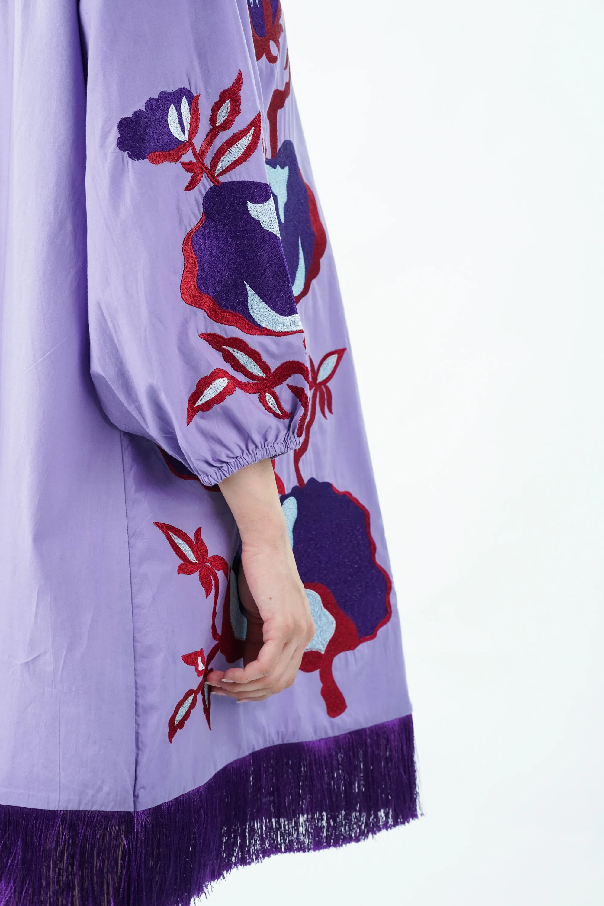 Purple Pleated Collar Embroidered Cotton Dress