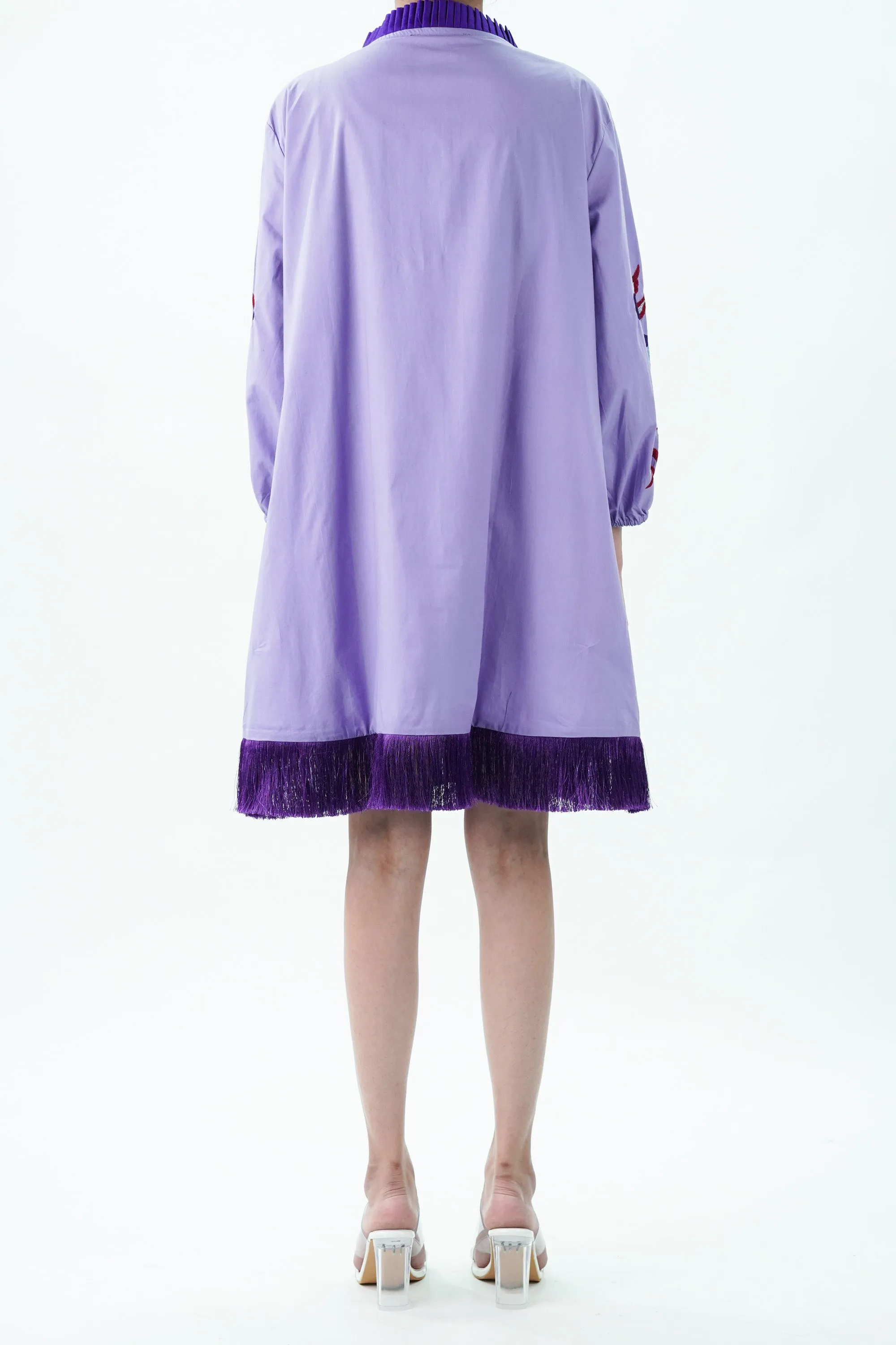 Purple Pleated Collar Embroidered Cotton Dress