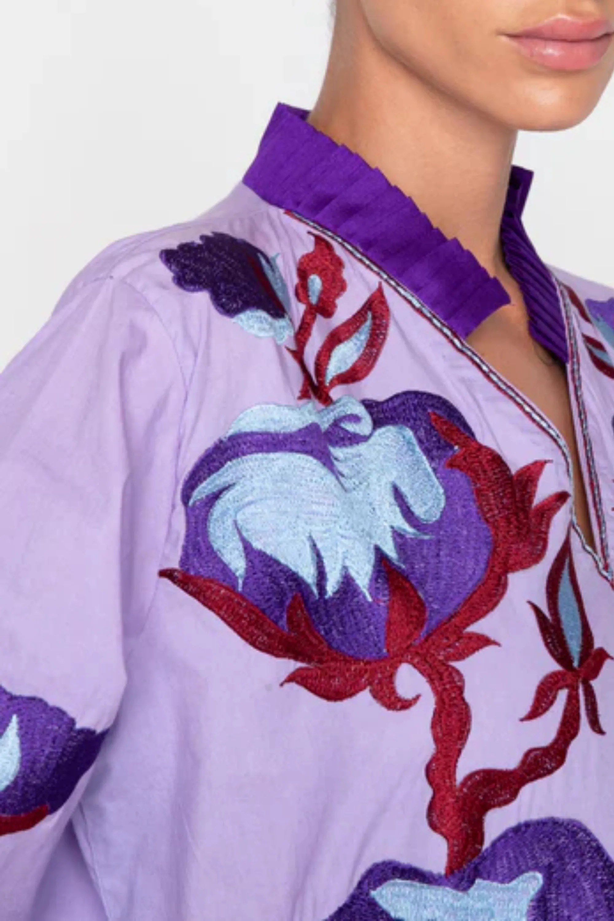 Purple Pleated Collar Embroidered Cotton Dress