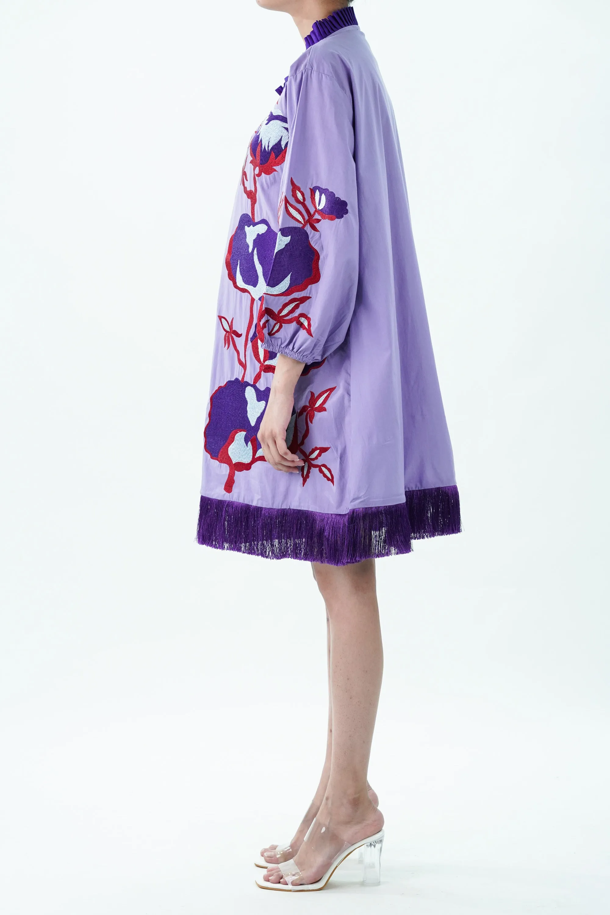 Purple Pleated Collar Embroidered Cotton Dress