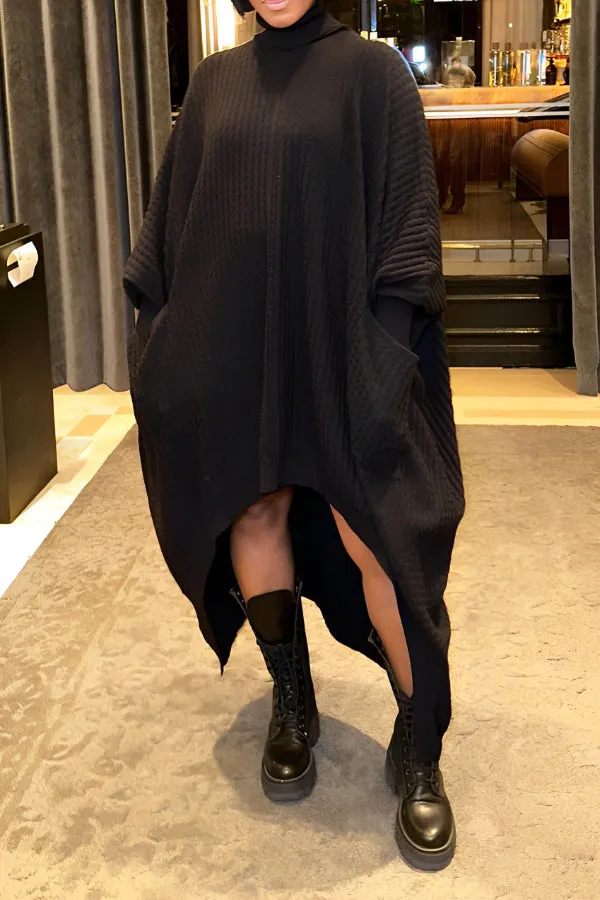 Stylish High Neck Solid Long Sleeve Knit Dress