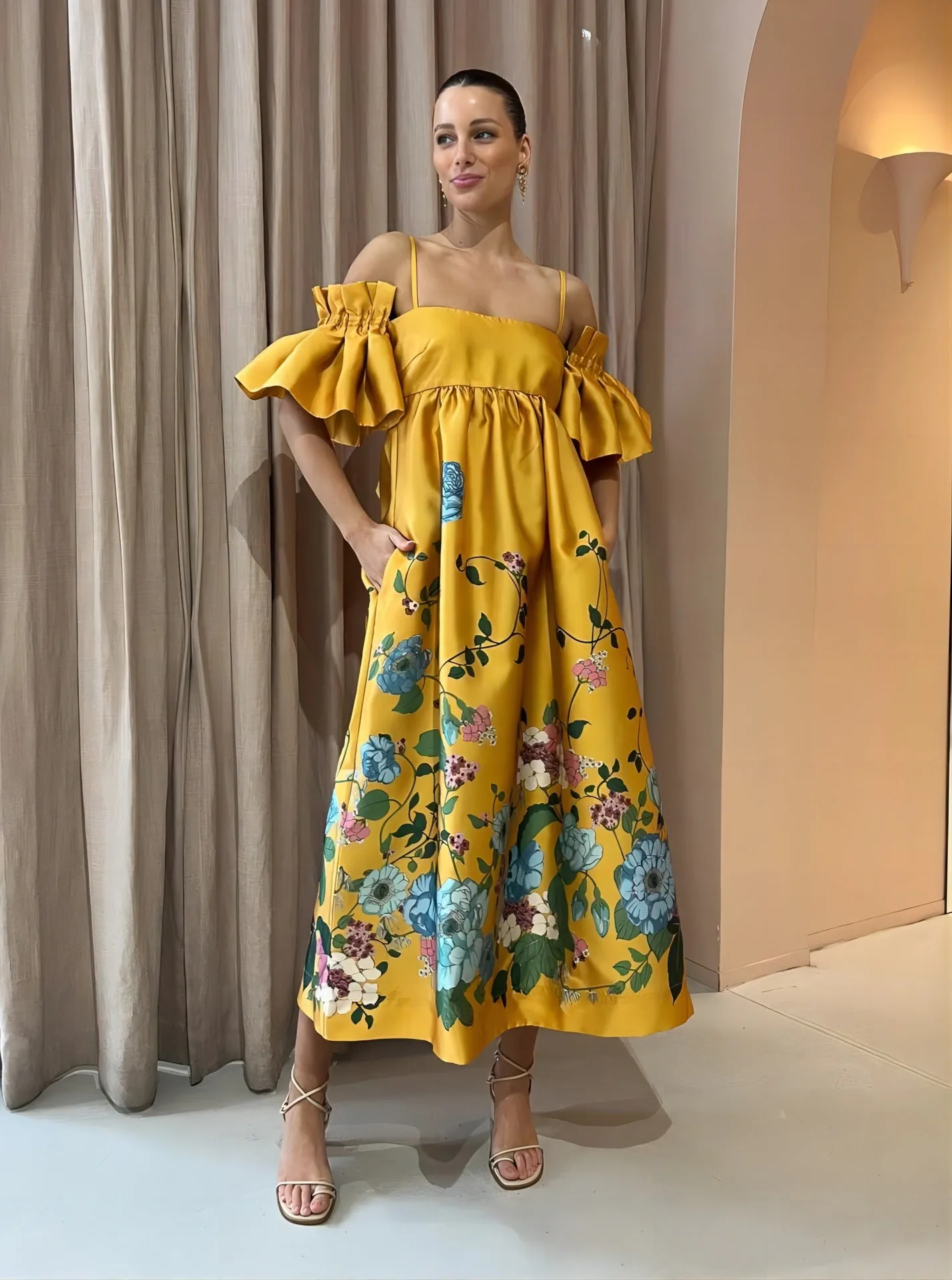 Stylish Satin Floral Print One Shoulder Pleated Dresses Wholesale Dresses