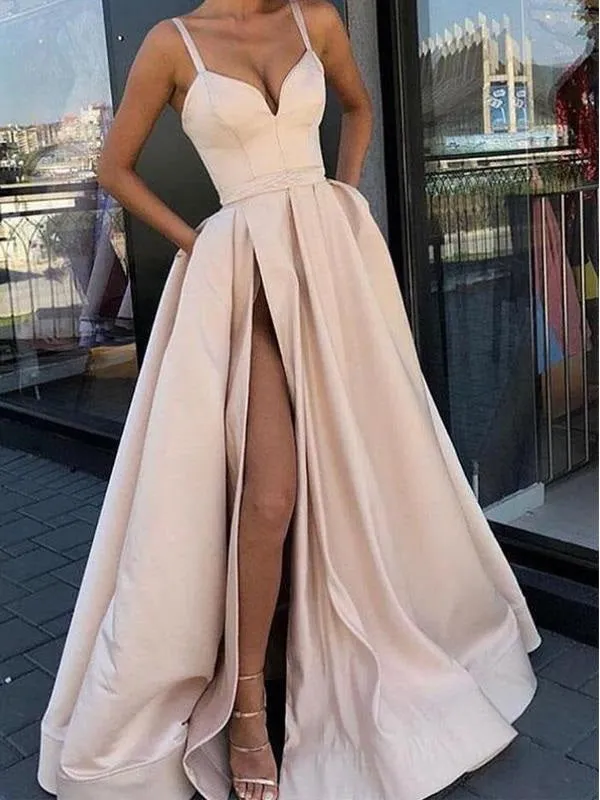 Stylish Satin Long Champagne Prom Dress with Pockets