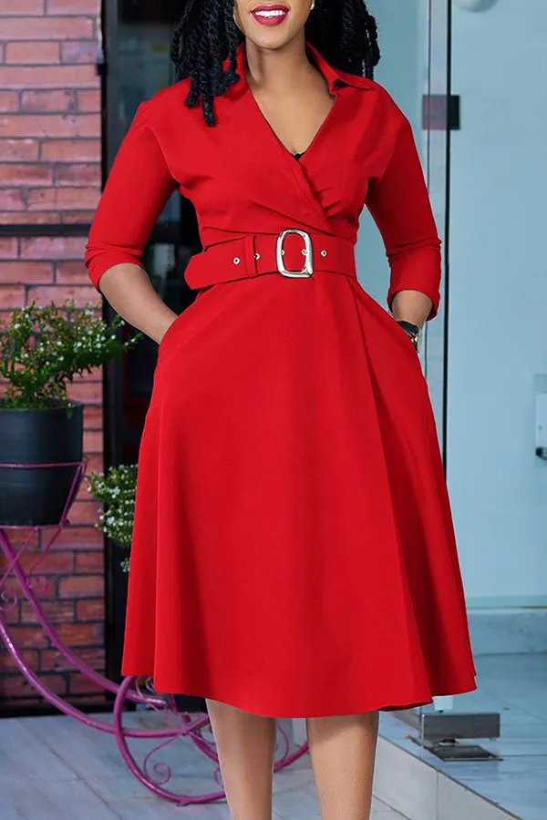 Stylish Surplice Neck Square Buckle Belt Dress