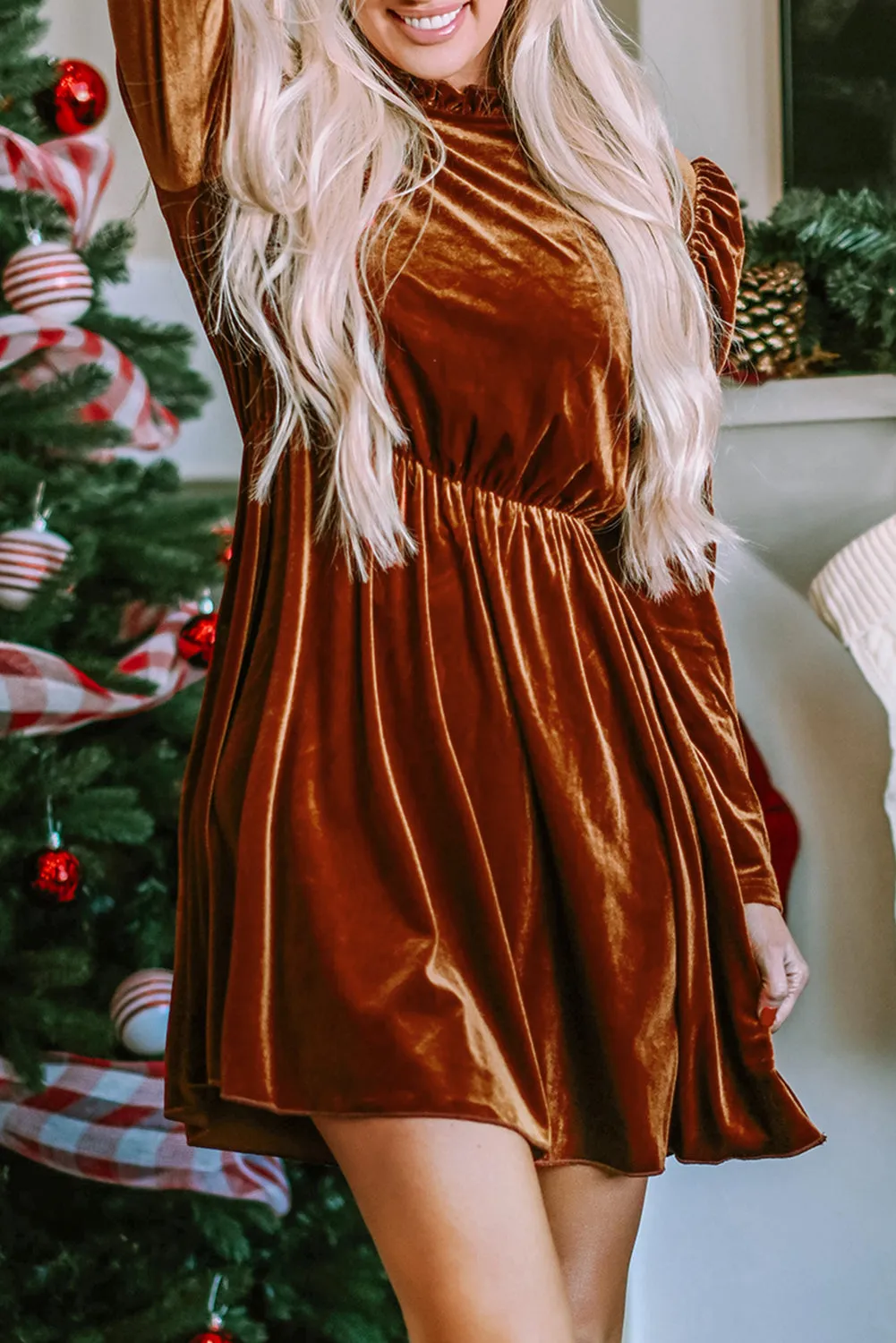 Velvet Frilled Gigot Sleeve Swing Dress